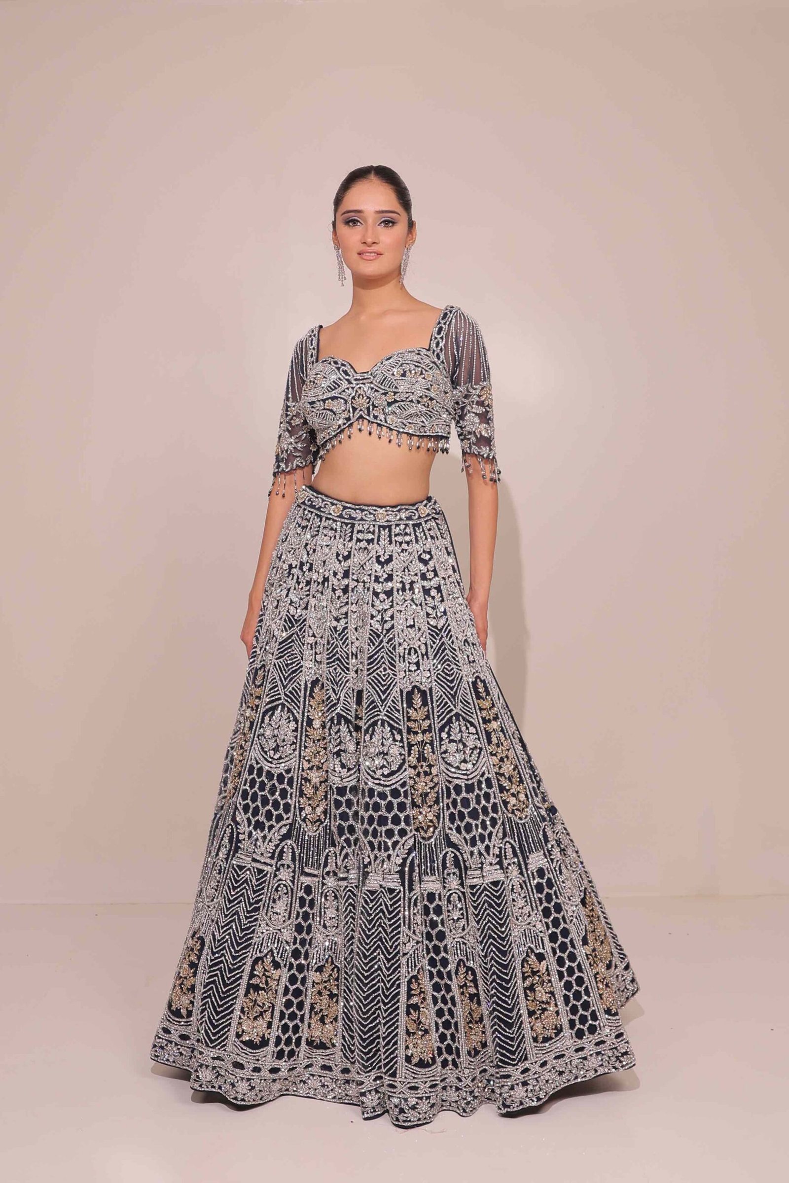 Navy Blue Fish-Cut Embellished Lehenga Set