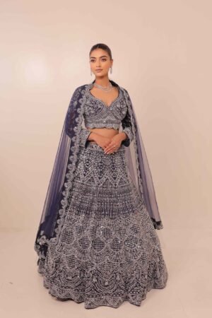 Navy Blue Resham & Rhinestone Embellished Lehenga