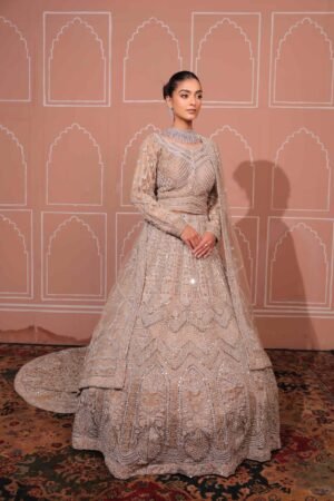 Beige Sequin & Rhinestone Tulle Lehenga