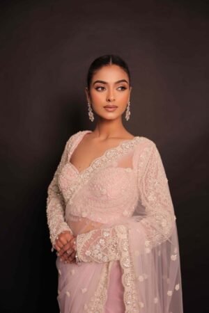 Powder Pink Tulle Saree with Pearl Detailing